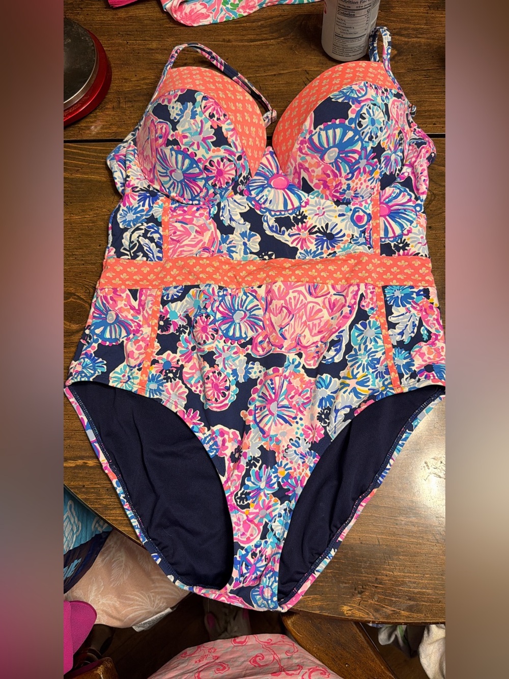 Lilly Pulitzer Girls Navy Floral One-Piece Swimsuit with Pink & Coral Accents